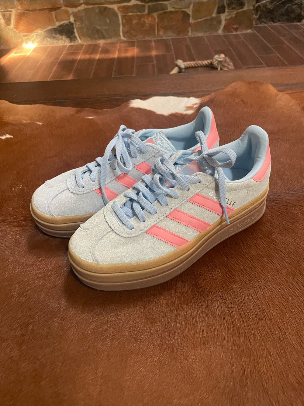adidas Women's Light Blue and Pink Platform Gazelle Sneakers